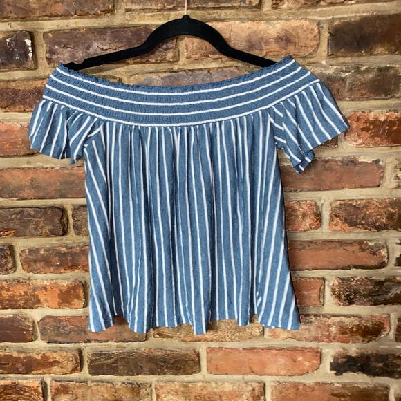 American Eagle Blue White Striped Linen Blend Off-The-Shoulder Smock Top Size XS - Picture 2 of 6